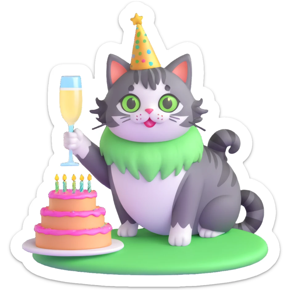 tricolor fluffy cat with big green eyes celebrating her birthday with a cake and champagne sticker