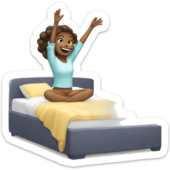Happy girl wakes up in bed and stretches hands up in the air  sticker