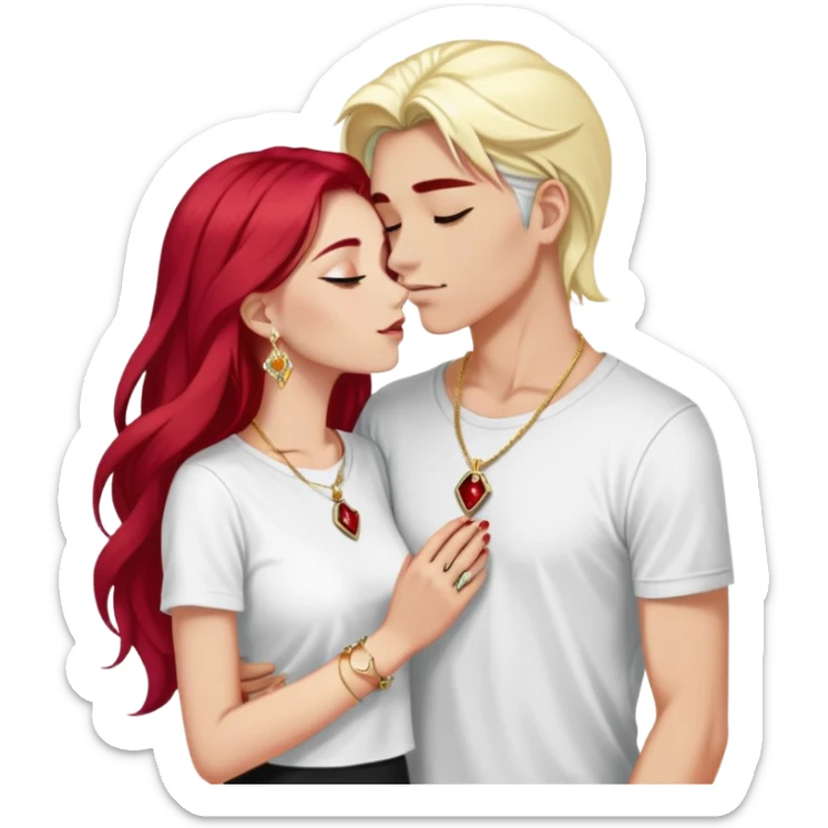 young 20 year old couple kissing, girl with long cherry red hair and dark blonde eyebrows wearing gold necklace with letter A, diamond gold ring, red bracelet and light clothes, boy with bright white hair wearing dark t-shirt and silver ring with black stone sticker