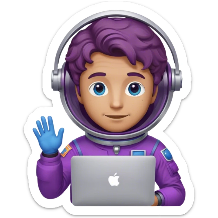 guy astronaut with purple suit, blue eyes, brownbrown wavy hair and one macbook sticker
