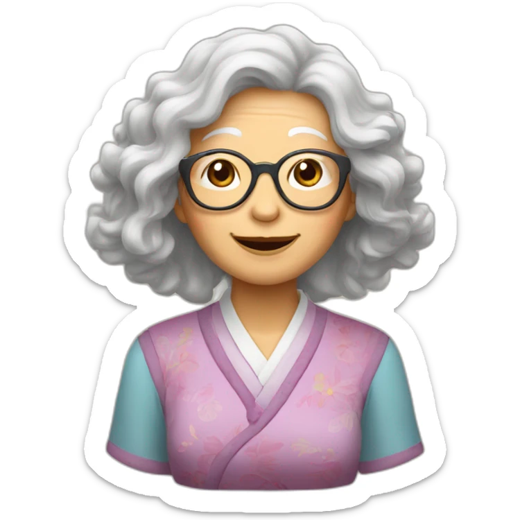 Chinese senior lady has wavy long hair wear glasses show love sign sticker