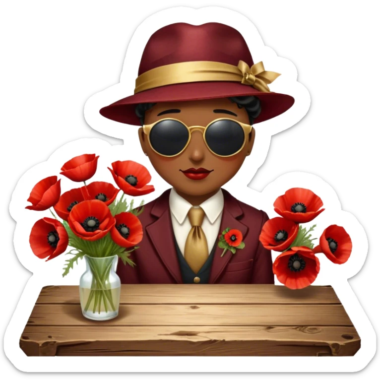 A lush bouquet of deep red poppies tied with a faded gold ribbon, resting on an antique wooden table. Warm brown leaves and golden sunlight add a vintage charm. sticker