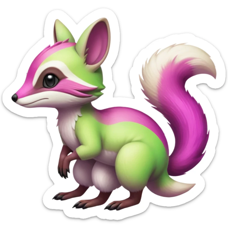 Iridescent Neon Lime-Green-Magenta-gradients Minccino-Numbat-Sergal-fusion-hybrid-animal-creature, full body sticker