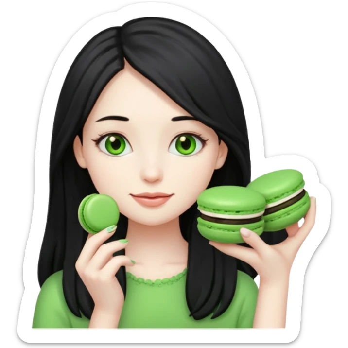 pale girl with long black hair holding a green macaron, emoji style sticker