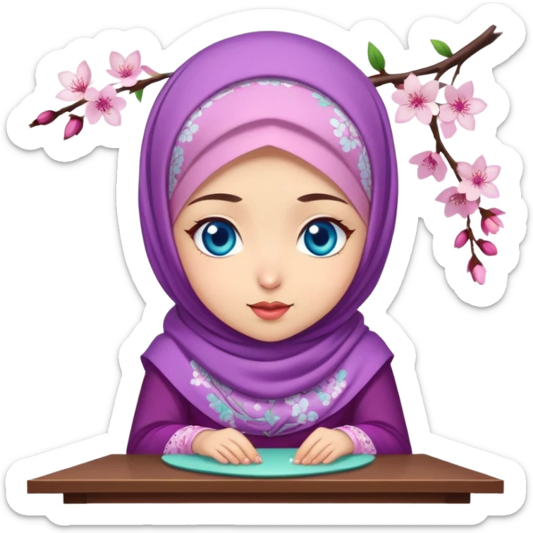 Turkish beautiful finish Konya girl blue eyes with cherry blossom floral purple and mint hijab islamic dress and with yummy Drooling face on the table sticker