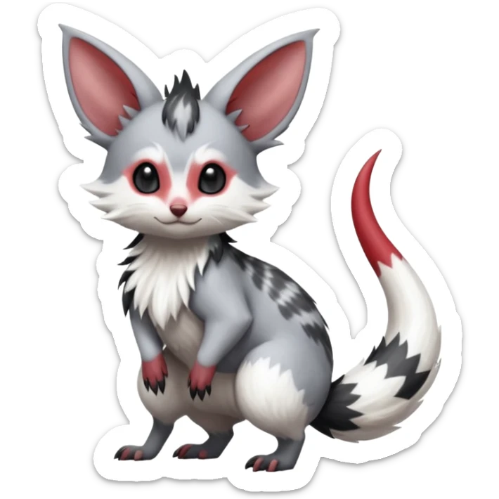 Cute realistic Minccino-Lykoi-Emolga-Pachirisu-Zangoose-fusion-hybrid-animal-Fakémon-creature, full body, thin long sleek scaly tail, intricate markings sticker