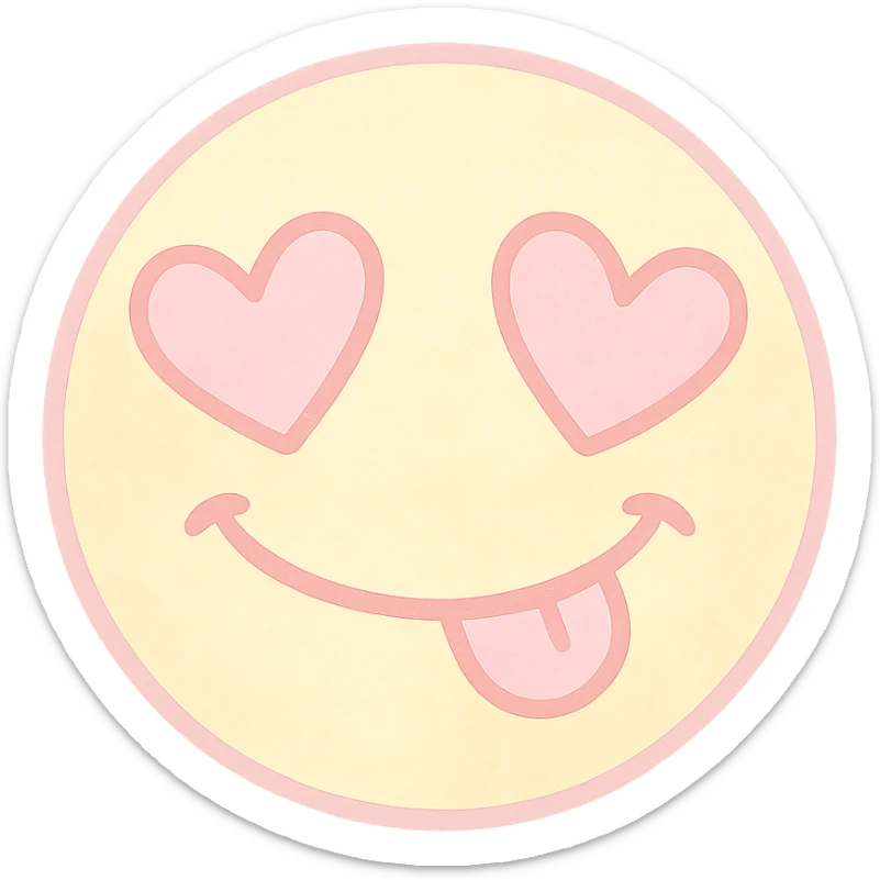 cute emoji, heart eyes, playful grin, pastel pink and yellow, no background sticker
