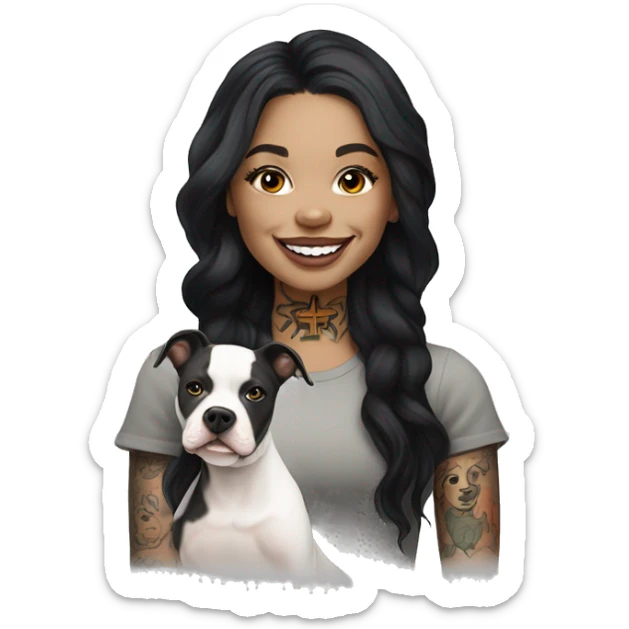 light skin woman with a face tattoo of a cross and long wavy black hair expressing joy alongide a white miniature pitbull  sticker