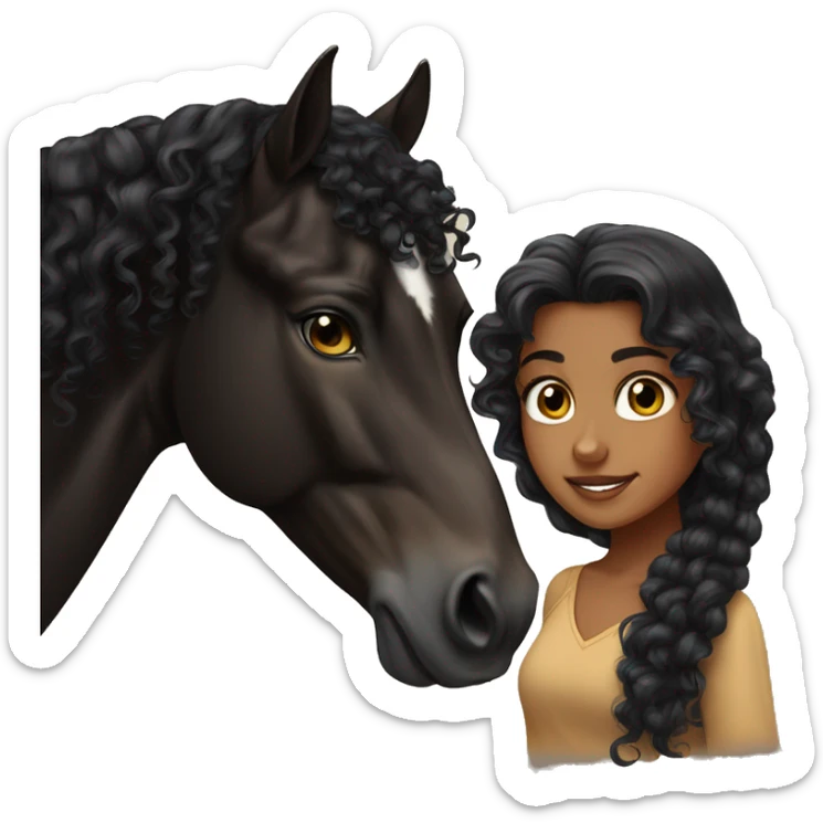 Tan girl, long black curly hair, beautiful hazel eyes, next to a black Arabian horse sticker