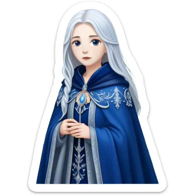 A woman with long silver hair, wearing a blue velvet cloak with silver embroidery, standing in a snowy landscape, mystical atmosphere, detailed sticker