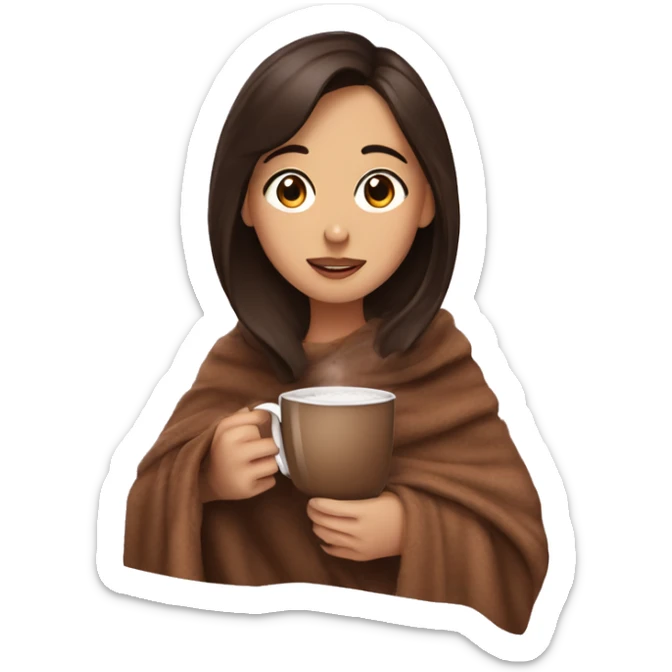 A brunette girl being cozy with a blanket and a cup of hot chocoate sticker