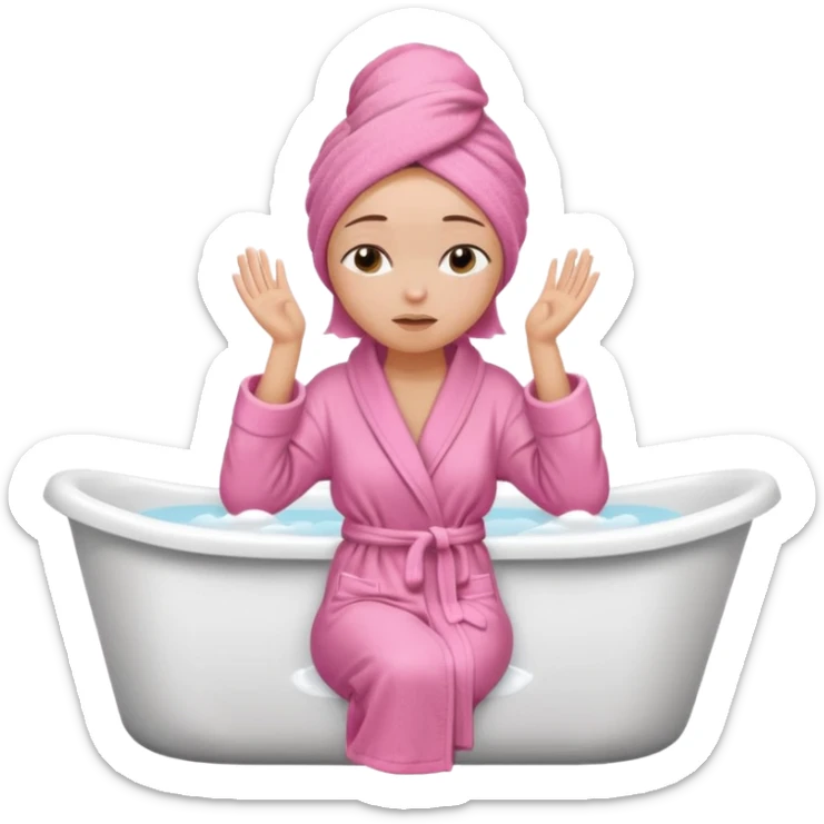 A woman sitting on the edge of a bathtub, wearing a pink bathrobe and towel on her head, one hand on her shoulders and eyes closed  sticker