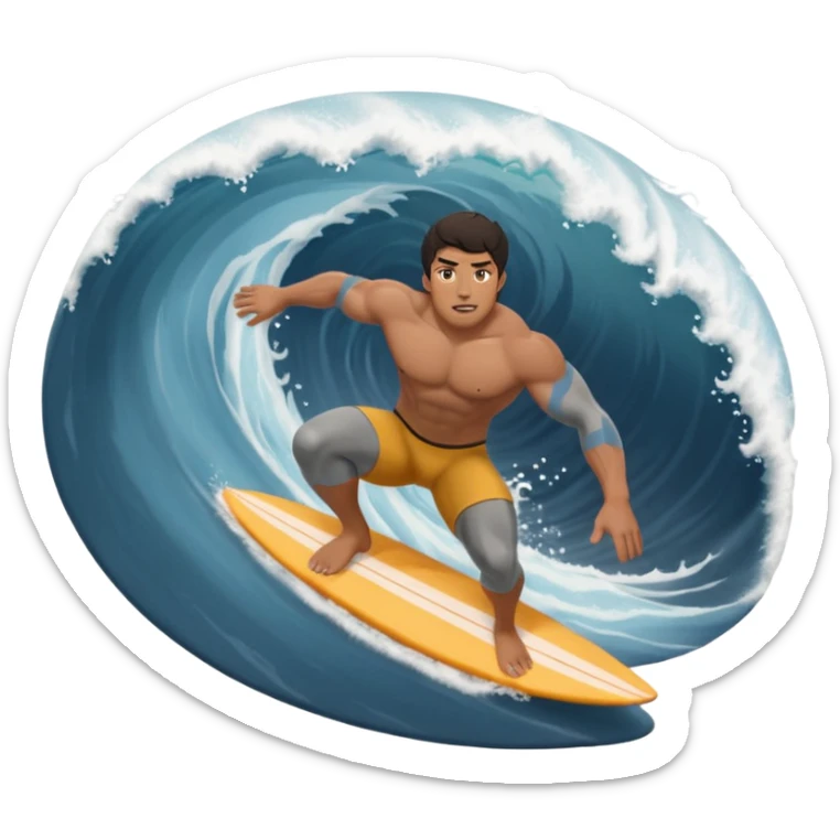 Indo guy dark hair and big muscles but short guy pro surfer surfing abig barrel wave in dark grey swimmers sticker