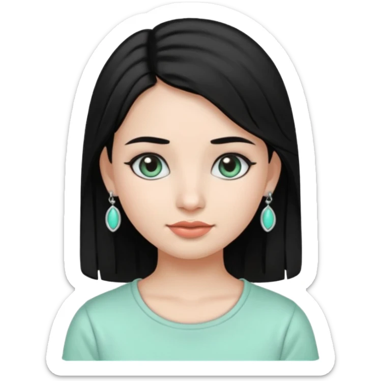 A girl emoji wearing  silver colour jhumka and light mint green colour tshirt with dark black hair sticker