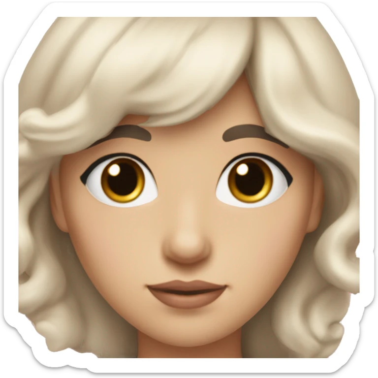 White woman with long black curly hair and bangs and dark brown eyes, wearing a pastel pink dress sticker