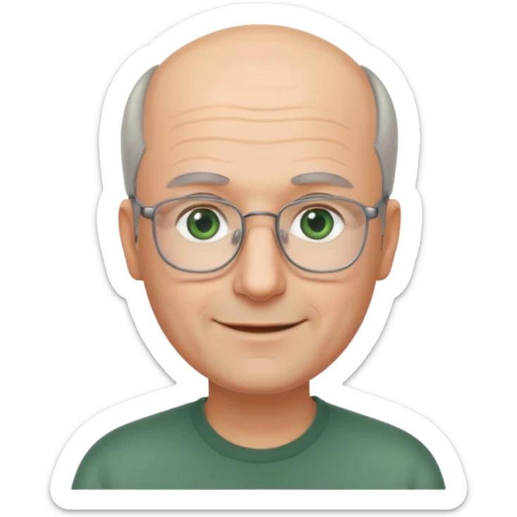 Balding man with receding hair, grey hair only on the sides, green eyes, rectangular reading glasses, rounded clear face, with a smile sticker