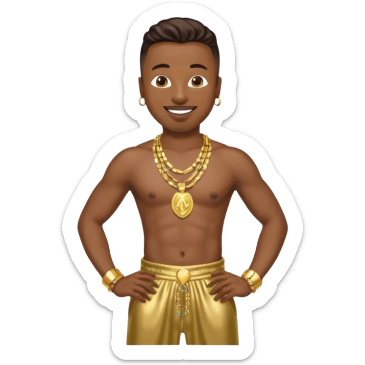 MC Hammer with dark brown hair, shirtless with necklace, metallic gold harem pants  sticker