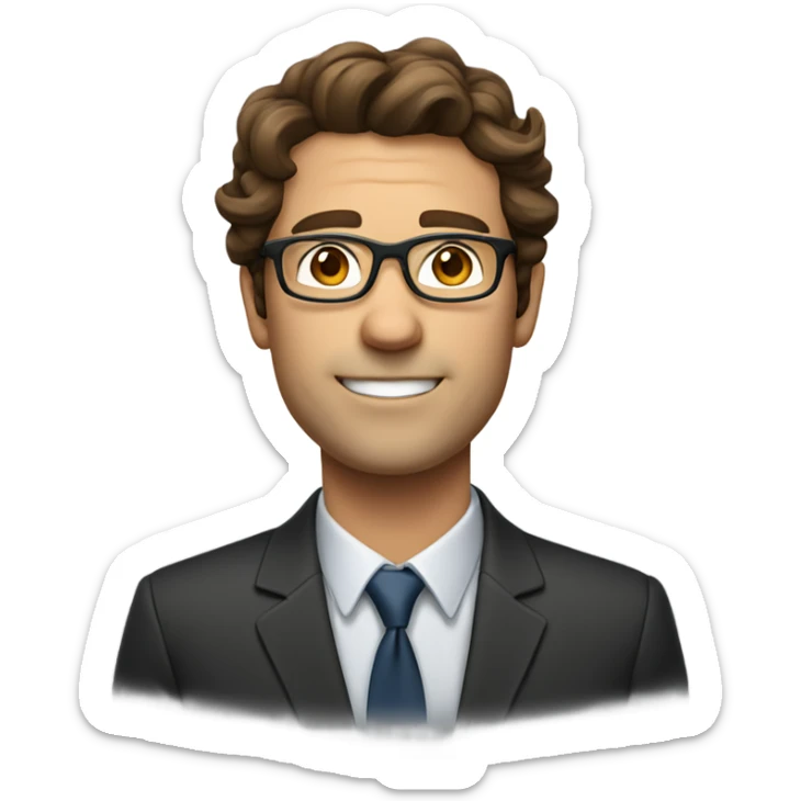 business man with wavy brown hair, square glasses, no facial hair, thin lip sticker