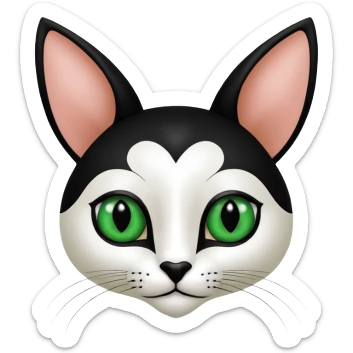 Haz una gata de ojos verdes la cara blanca con mancha negra en las orejas que agarra parte de la frente del lado der pero del iz va desde el ojo hasta la oreja la mancha, tiene la nariz negra en forma de corazón y todo lo que sobra de la cara, barbilla la nariz arriba y el lado de bigotes es blanca sticker