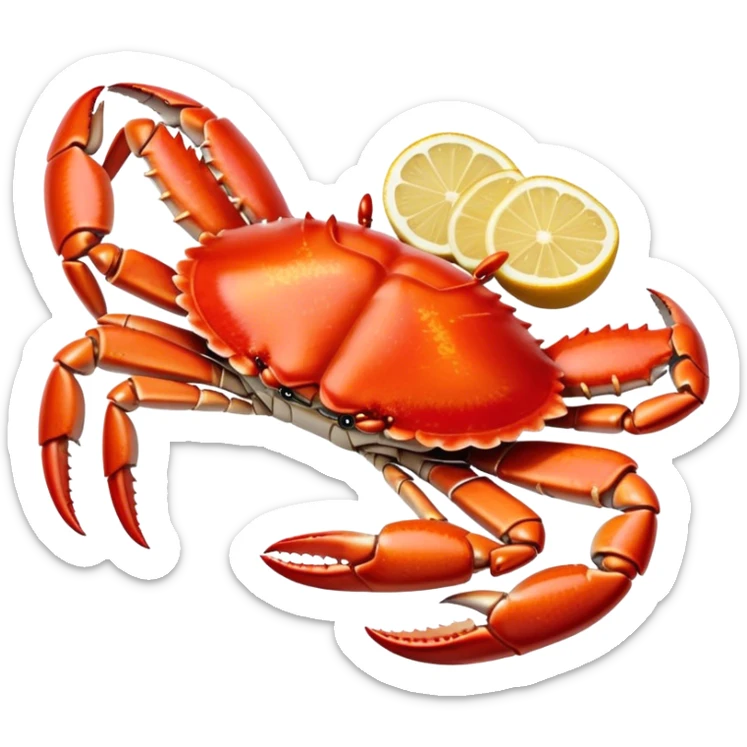 Cinematic rich crab legs, bright red shell glistening, cracked open to reveal tender white meat, warm golden highlights, detailed and delicious. sticker