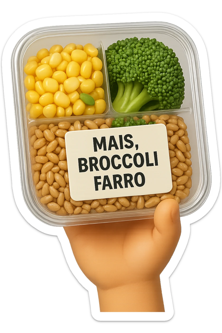 SU QUESTO STILE FAI UN EMOJI STILE IPHONE 3D DI UN INSALATA PRECONFEZIONATA DA SUPERMERCATO CON FOCUS SU ETICHETTA NUTRIZIONALE CON GLI INGREDIENTI IN ITALIANO TIPO: MAIS, BROCCOLI, FARRO, ACCANTO ALL'INSALATA CHE HA IN MANO C'è UN FOCUS SULL'ETICHETTA CON GLI INGREDIENTI SCRITTI, FALLO MOLTO REALISTICO IN 3D sticker
