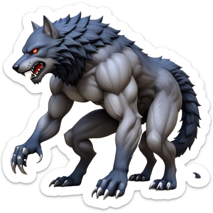 cinematic-noble-fierce-werewolf-full body on all fours-emoji, poised-and-imposing, with a tall, lean, and muscular wolfish frame inspired by the brutal, imposing shape of the beast from Berserk, fur rippling in shades of midnight black and silver, massive paws with razor-sharp claws, elongated limbs and fangs, eyes glowing with an intense, primal ferocity, reflecting the untamed power of the wild moonlit night; rendered with realism like a wolf hunched over battle ready pose ready to attack sticker