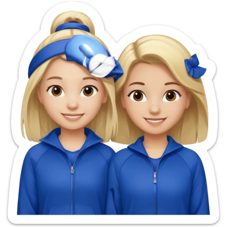 two girls smiling one has blond hair and one is has dark brown hair they are wearing royal blue track suits sticker