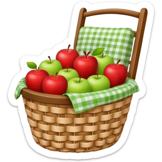 woven basket with apples and white checkered cloth on a white wooden chair sticker