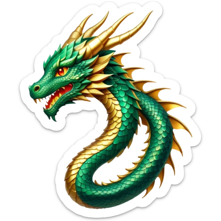 cinematic-noble-dragon-portrait-emoji,-poised-and-majestic,-with-a-sinuous,-elongated-body-covered-in-intricately-detailed,-shimmering-scales-in-hues-of-emerald-and-gold,-and-piercing,-fiery-eyes-that-reflect-ancient-wisdom; Breathing fire sticker