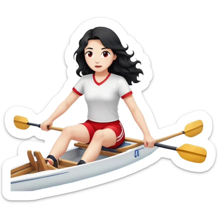 girl with long black wavy hair, white skin, wearing red shorts and white short-sleeve t-shirt, sitting in a professional Olympic rowing boat rowing, facing fully right sticker