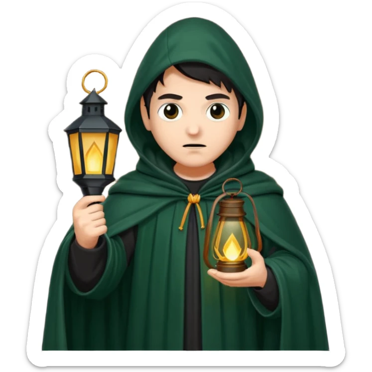 traitor tv show, person wearing dark green cloak with hood up who looks evil and is holding up a lantern sticker