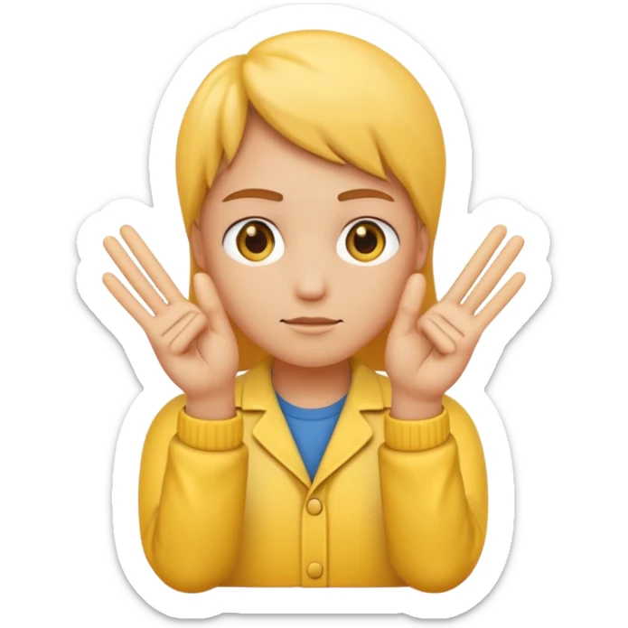 An standard yellow-color emoji that looks very serious and has his hands clasped while making a peace sign infront to portray a meaning of deep thinking or serious consideration. sticker