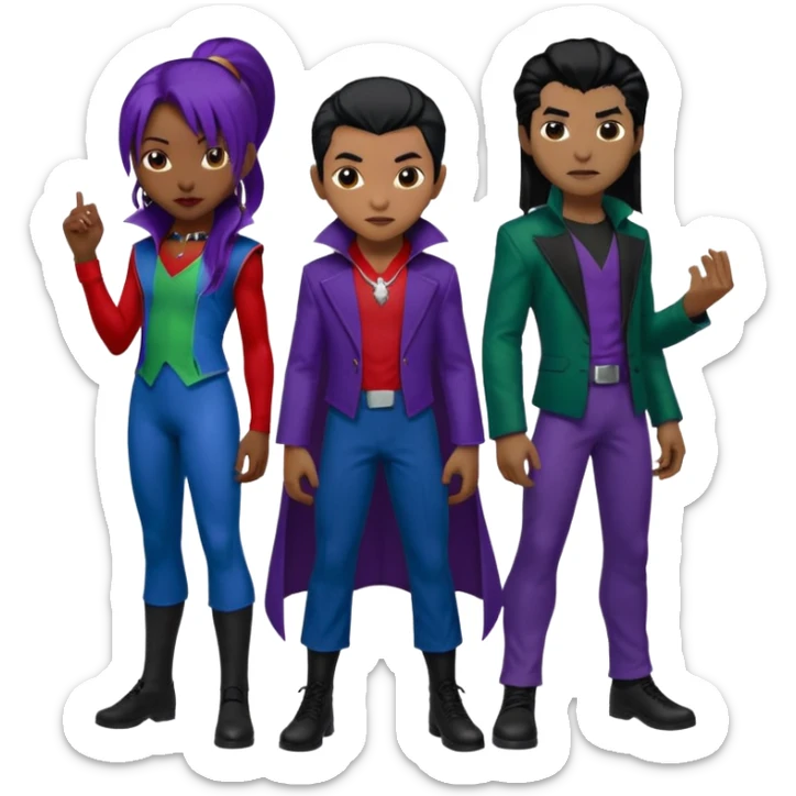 Solo poly platonic relationship, one African girl, one Asian boy, one biracial features Asian tomboy girl rat-tail hair long and upper masculine hair 90s, vampire and marvel cosplay elements inspired  use marvel colours, like instead of obvious human, green purple blue etc,  sticker