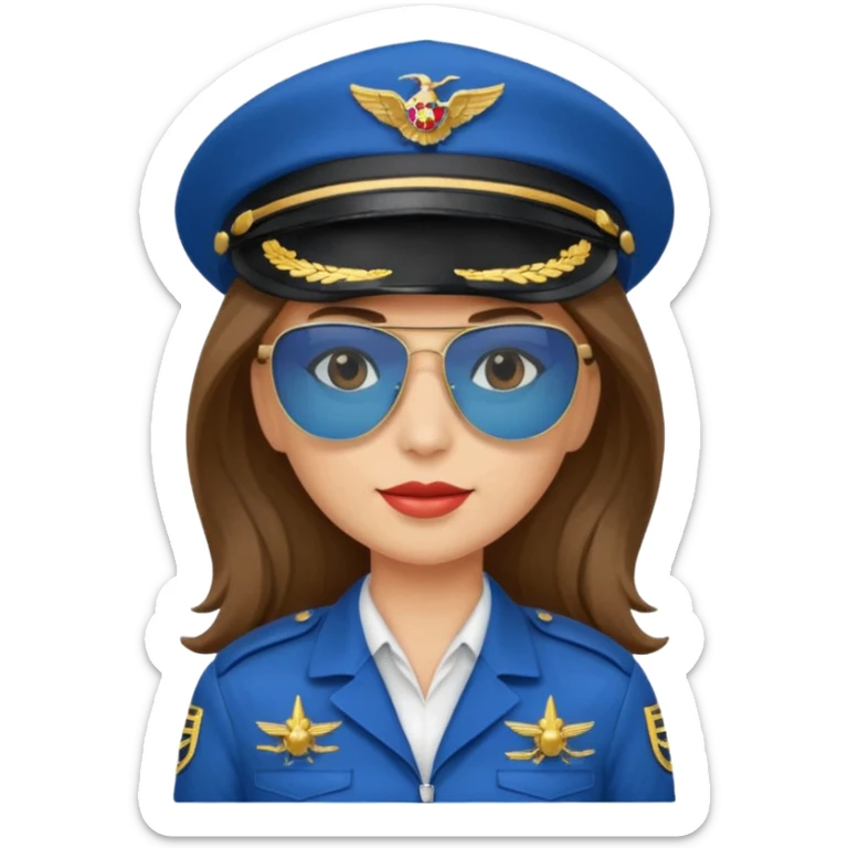 pilote d'avion femme cheveux brun clair avec sunglasses et chapeau de pilote et uniforme bleu sticker
