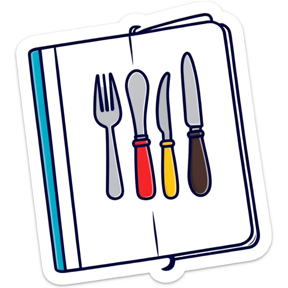 Closed cookbook with a fork and spoon symbol on the cover – collection of recipes sticker