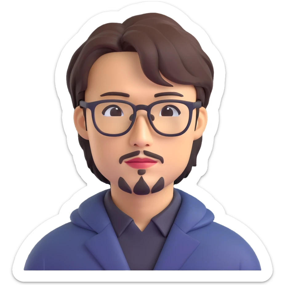 Hideo Kojima as a creative game director with glasses and unique hairstyle, stylized portrait in 3D emoji style sticker