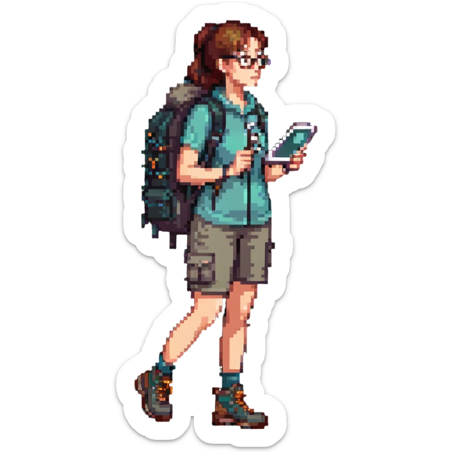 Very happy excited woman in her 40s with glasses wearing sporty outfit, hiking boots, and backpack, holding a magnifying glass sticker