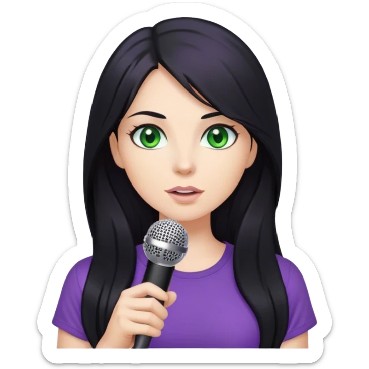 Woman with long black hair and green eyes with a purple top holding a microphone sticker
