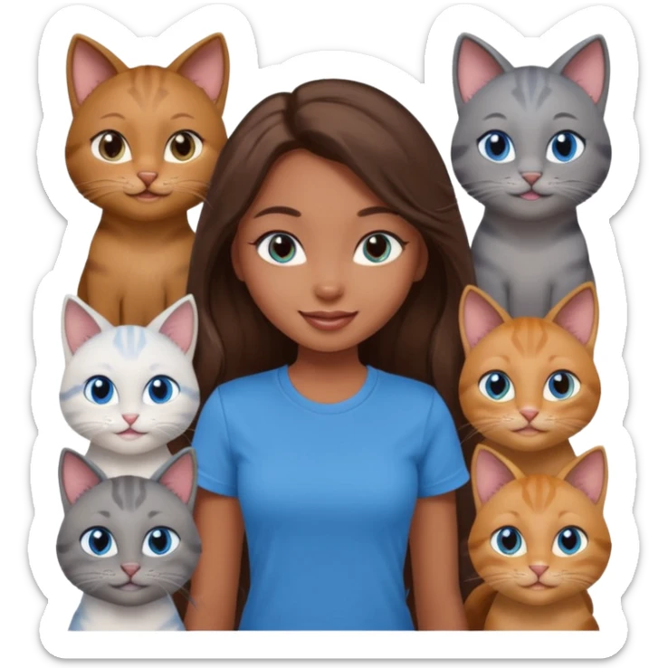 a pretty bratz dusky girl with long brown hair, blue eyes with six cats nd wearing a grey tshirt sticker
