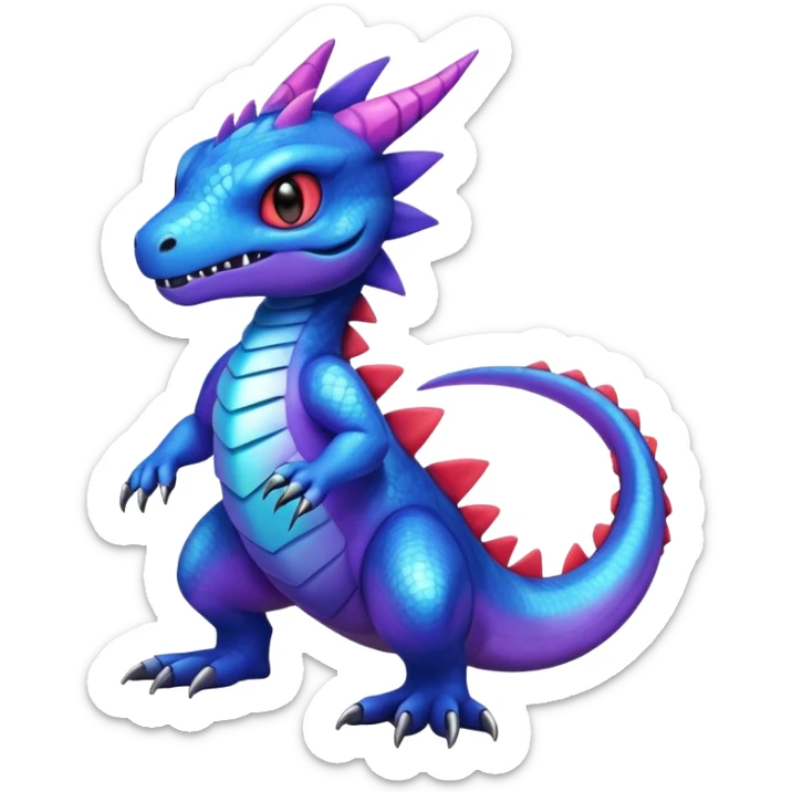Cute Shiny furry iridescent cyan indigo blue violet gradients Guilmon-Salandit-Fakémon-hybrid-creature (full body)  sticker