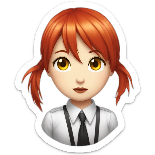 (gril) makima from the manga chainsawman with red hair fringe, yellow eyes with a circle inside and a white shirt and black tie sticker