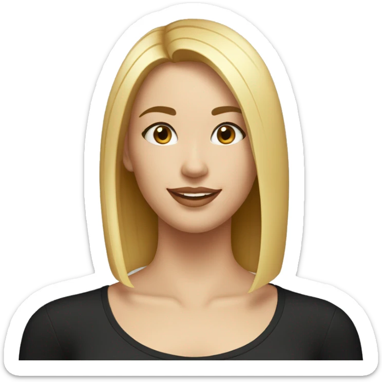 Beautiful girl in a black shirt with short straight blonde hair, thin lips, thin eyebrows, smiling.  sticker