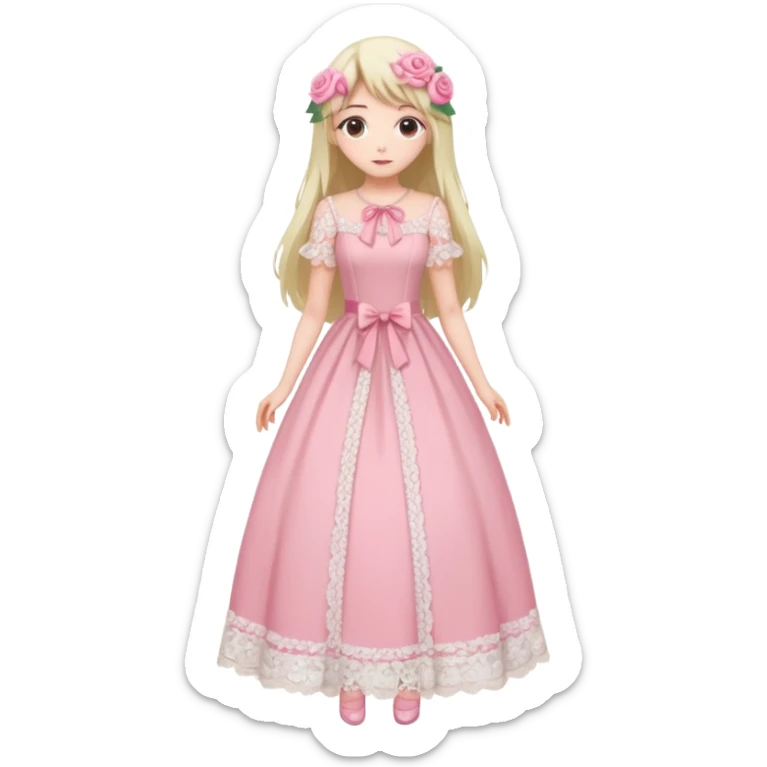 pastel anime woman with pink and white lace dress full body and long hair with roses sticker