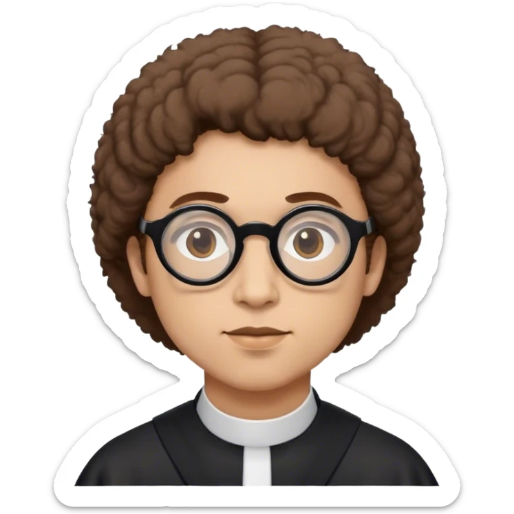 A male nun with brown fluffy hair and black circle glasses sticker
