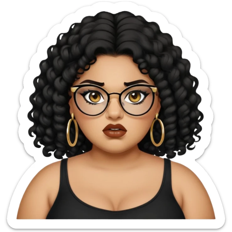 angry, teen big plus size, latina, darker tan skin, natural lipgloss, small gold hoops, long black curly hair, baddie,pretty, makeup, black eyeliner, black top, black glasses sticker