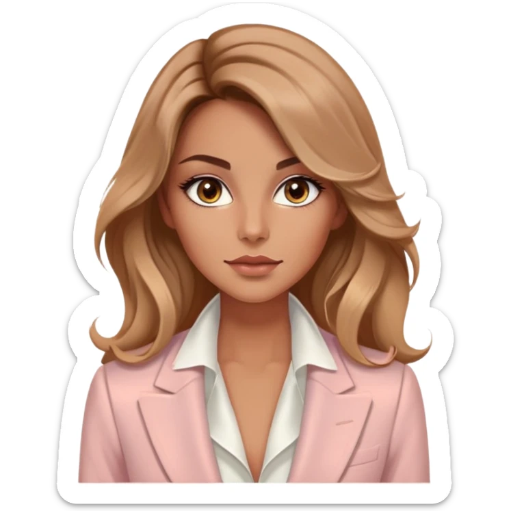 A 30-year-old woman with tanned skin, light brown long wavy hair, delicate face, almond-shaped eyes with smoky foxy eye makeup, brown eyes, wearing a light pink blazer and white satin cowl neck blouse with thin straps sticker
