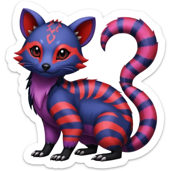 Rare warm-colored exotic gloomy tropical edgy cute epic aesthetic spooky indigo violet white black red gothic colorful Salandit-Furret-Civet-species-Fakemon-hybrid-creature, with tribal tattoo markings, full body sticker