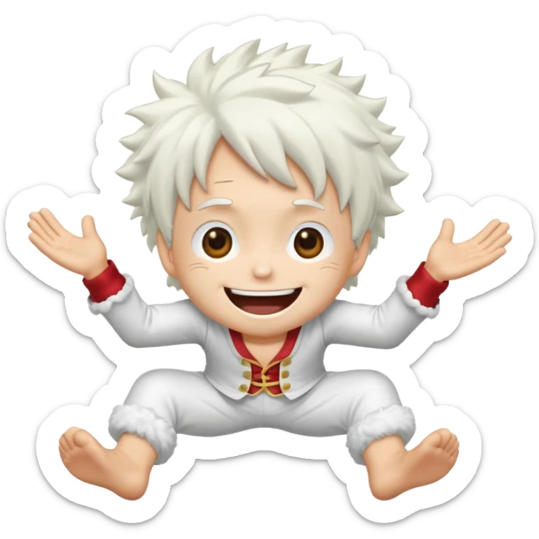 a joyful cartoon-style emoji of Luffy as a laughing character with wild, fluffy white hair, and a glowing white outfit. The character should have a big open smile, one hand on its face in laughter , and be in a dynamic mid-air pose with bent legs, as if carefree and floating. sticker
