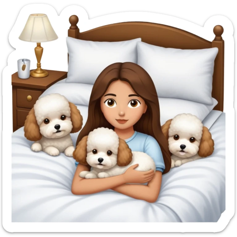 Olive skin girl with long brown hair in bed with three white bichon frise's in bed sticker