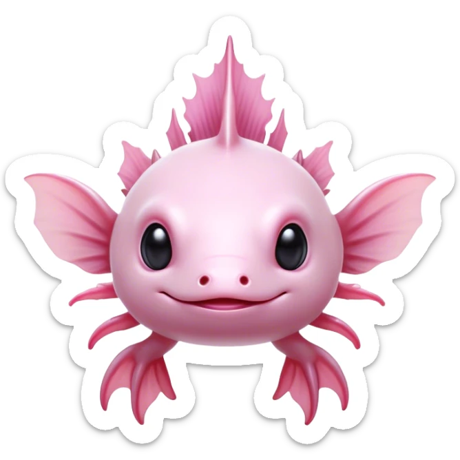 Cinematic Noble Axolotl Portrait Emoji, Poised and regal, with a slender, graceful build and smooth, pale pink skin adorned with feathery external gills, deep-set soulful dark eyes, Simplified yet sharp and sophisticated features, highly detailed, glowing with a soft, ethereal glow, high shine, intelligent and enigmatic, stylized with an air of aquatic elegance, focused and attentive, soft glowing outline, capturing the essence of a watchful and mystical creature, so majestic it feels as though it could glide out of the screen with effortless authority! sticker